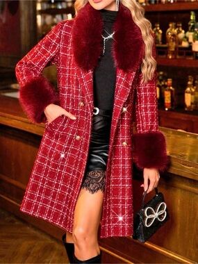Women's Red Plaid Faux Fur Trim Coat NWOt